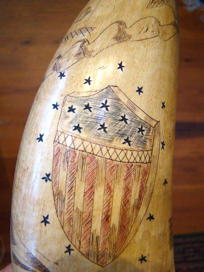 A rare and unbelievably beautiful American polycrome decorated and sailor carved patriotic powder horn circa 1810-1830 — image 5
